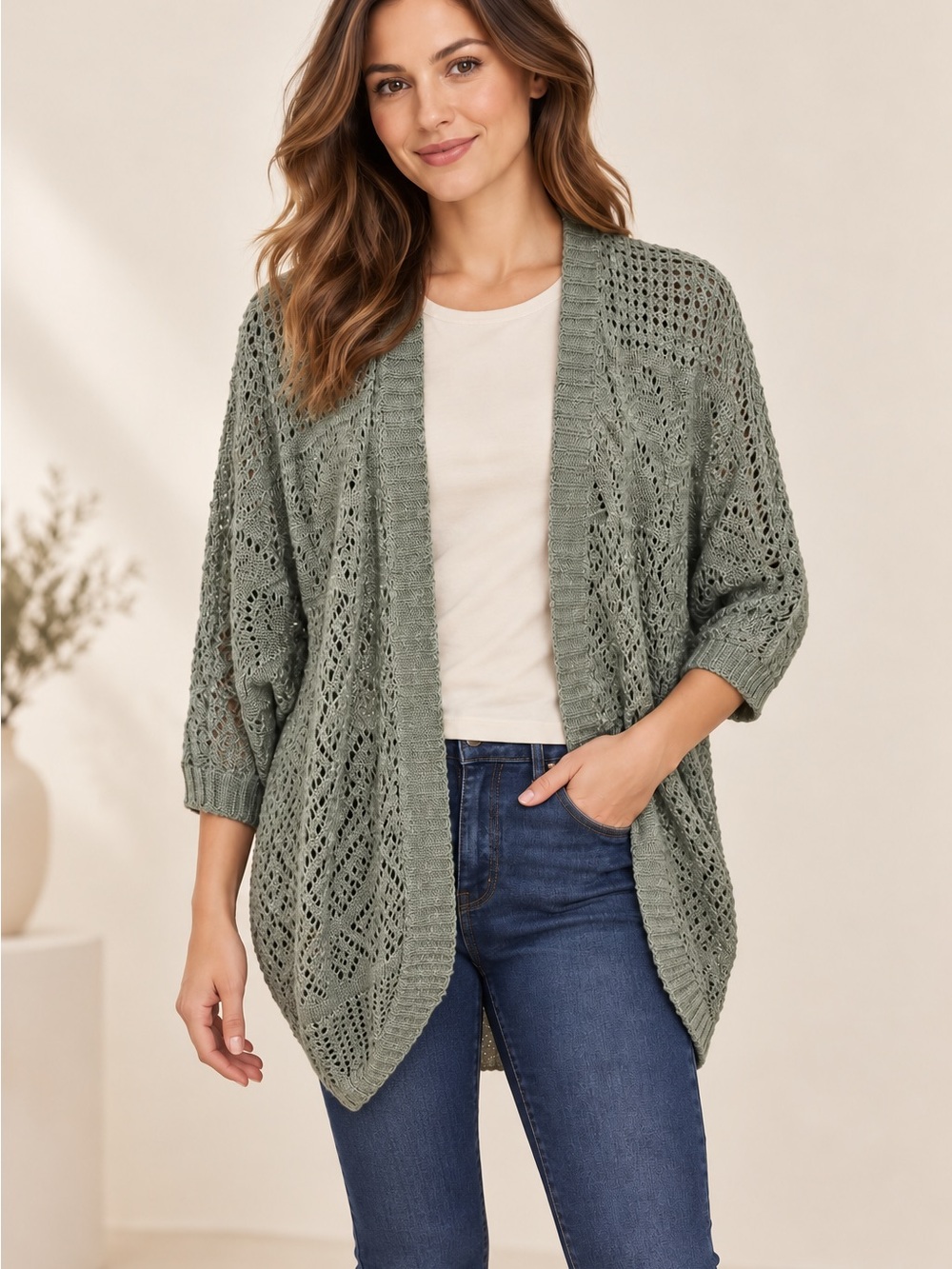 NWOT Pink Rose open cardigan knit sweater - army green color - size small